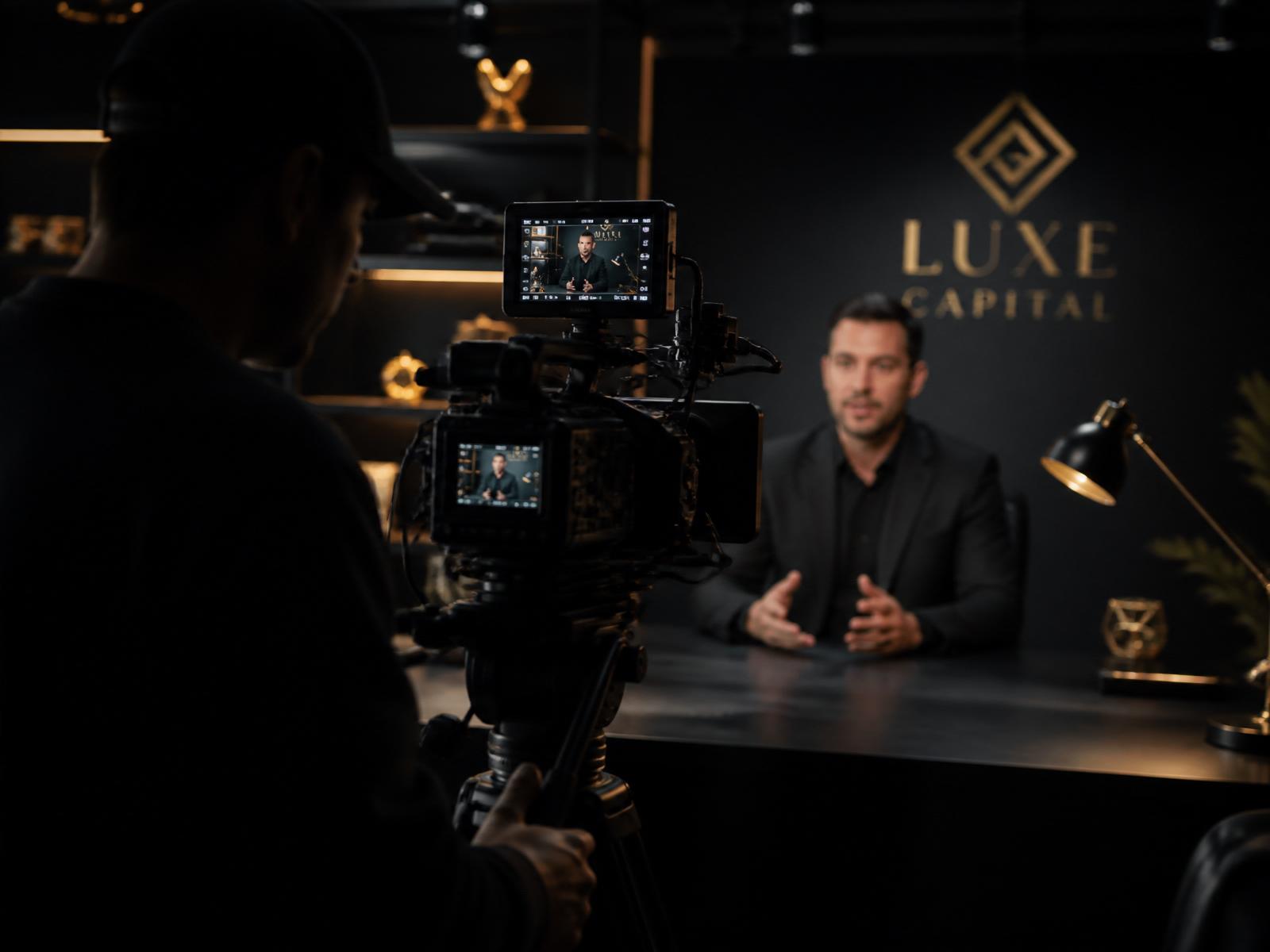 Professional videographer recording a video ad for a client in a studio